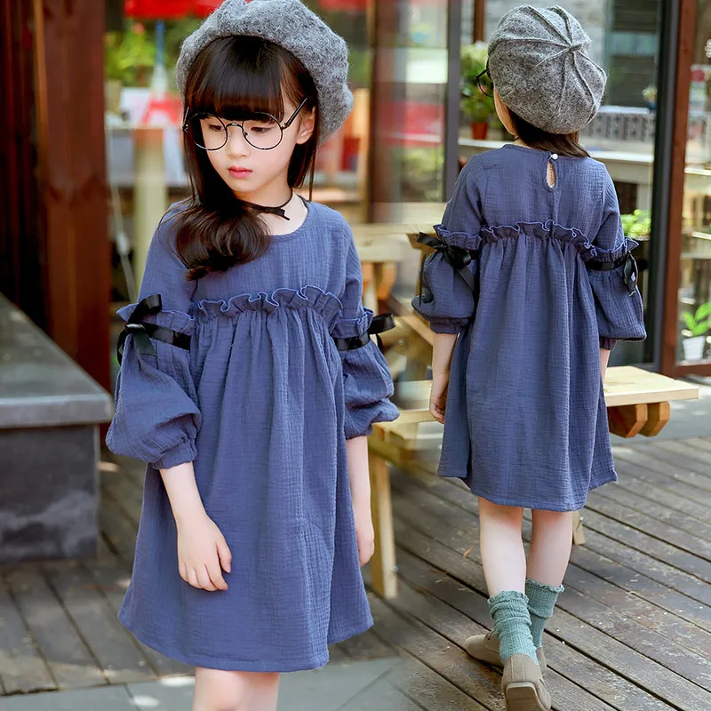 2018 Весна и осень девочек Повседневное корейский оборками платье принцессы с