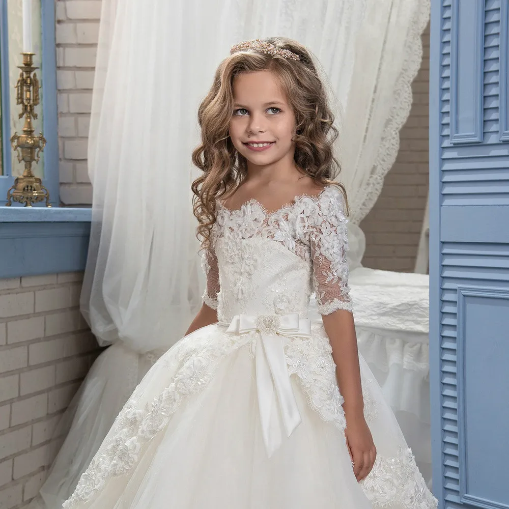 Fancy 2017 Elegant Ivory Half Sleeve Boat Neckline Holy First Communion Flower Girls Dresses Appliques Tulle Pageant Dress | Детская