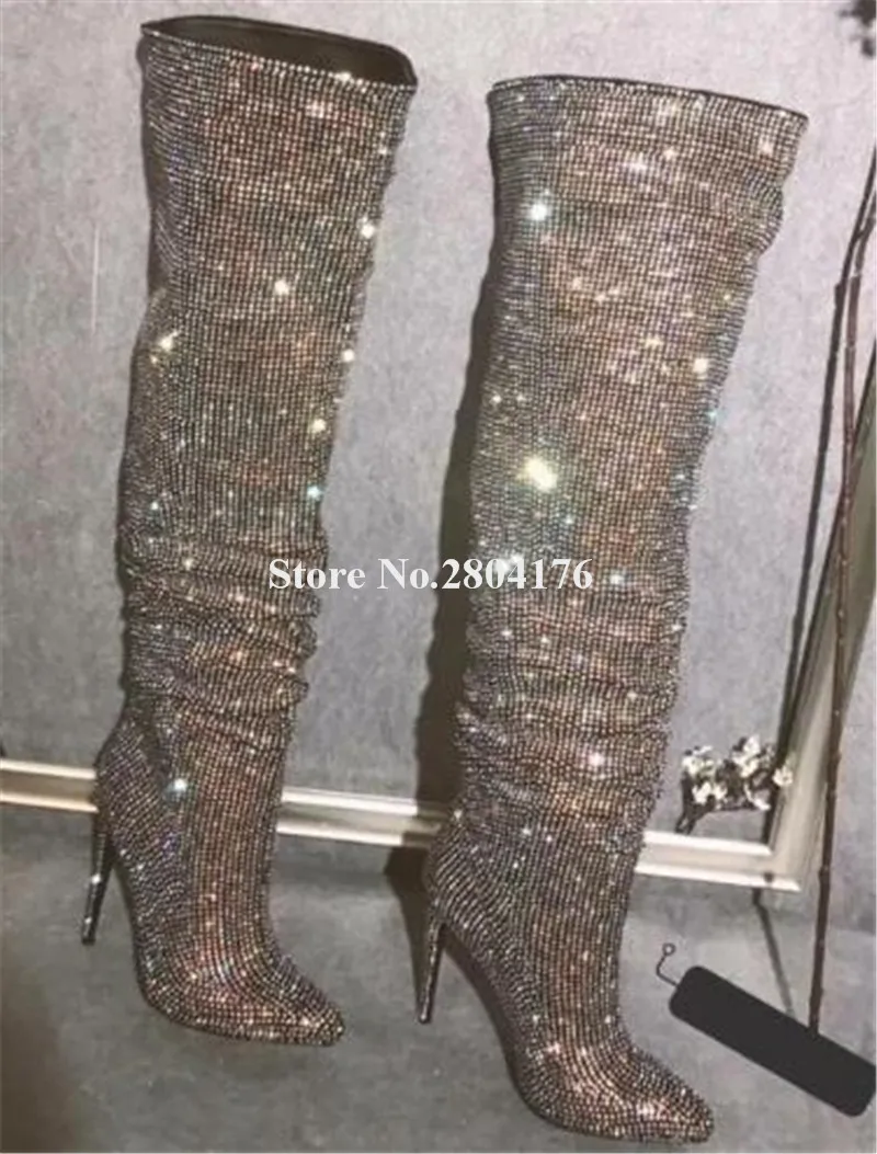

Новейшая модель; Роскошные блестящие женские сапоги до колена с острым носком и стразами; Высокие сапоги-шипы из кристаллов Hee; Клубная обувь; Свадебные туфли