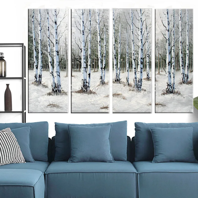 Winter Landscape Handmade White Birches Woods Oil Painting For Living Room Decoration House Furnishing Hotel Decor | Дом и сад