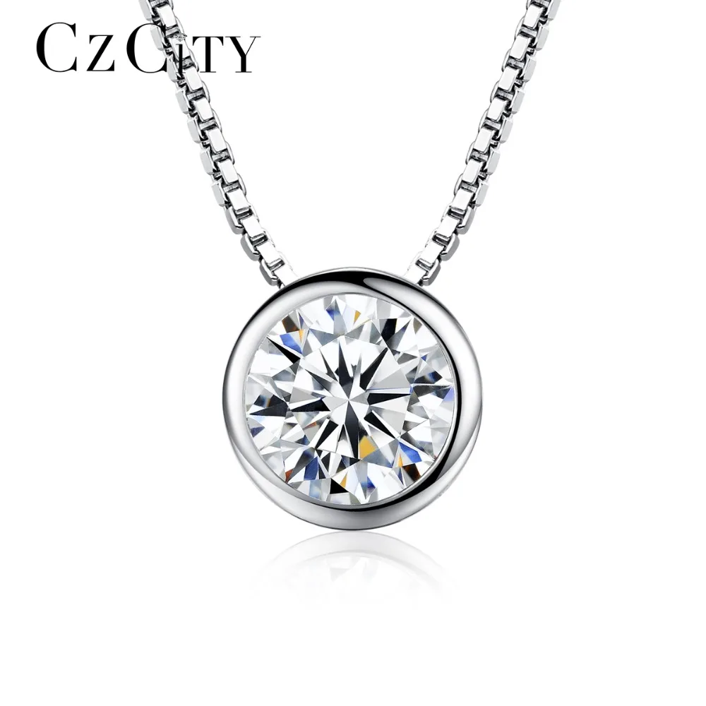 

CZCITY Brand Charm 1 Carat Zircon Stone Pendant 925 Silver Box Chain Necklace for Women Simple Classic Silver Jewelry Gift
