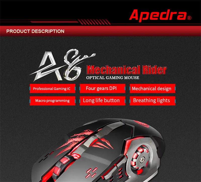 Apedra A8, Механический дизайн, USB, 6 кнопок, Проводная игровая мышь, 3200 dpi, оптическая профессиональная игровая мышь для ПК, ноутбука, компьютера, геймера