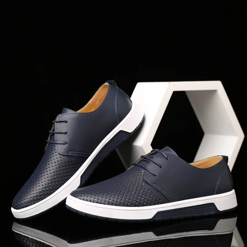 New 2019 Men Casual Leather Fashion Trendy Black Blue Yellow Shoes Summer Breathable Lace-Up Big Size 38-48 Free Shipping | Обувь