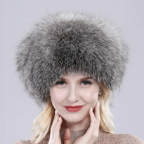 New Style Fashin Girl Genuine Fox Fur Hat Warm Soft Natural Fox Fur Bomber Caps Lady Luxurious Quality Real Fox Fur Hats - Цвет: Grey