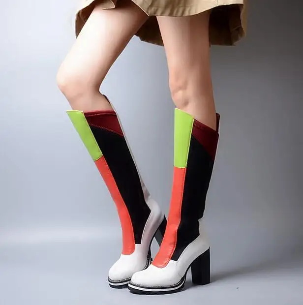 Patchwork Round Toe Knee-High Slip-On Thick high heel stretch boots designer Color mixing Women long shoes Free shipping | Обувь