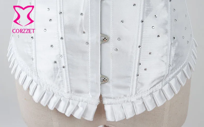 Ruffle Trim Satin со стразами Espartilhos корсет корсетные Overbust Белый Бюстье сексуальный готический свадебные корсеты и бюстье