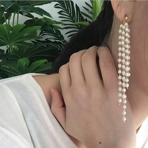 Женские серьги кисточки с искусственным жемчугом эффектные бахромой 2017|dangle statement