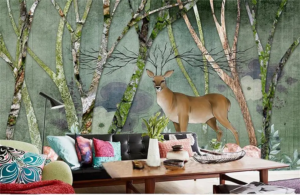 

Пользовательские 3d фото обои для гостиной настенные нетканые стикеры Ретро лес Лось живопись картина 3d Настенные обои для стен 3d