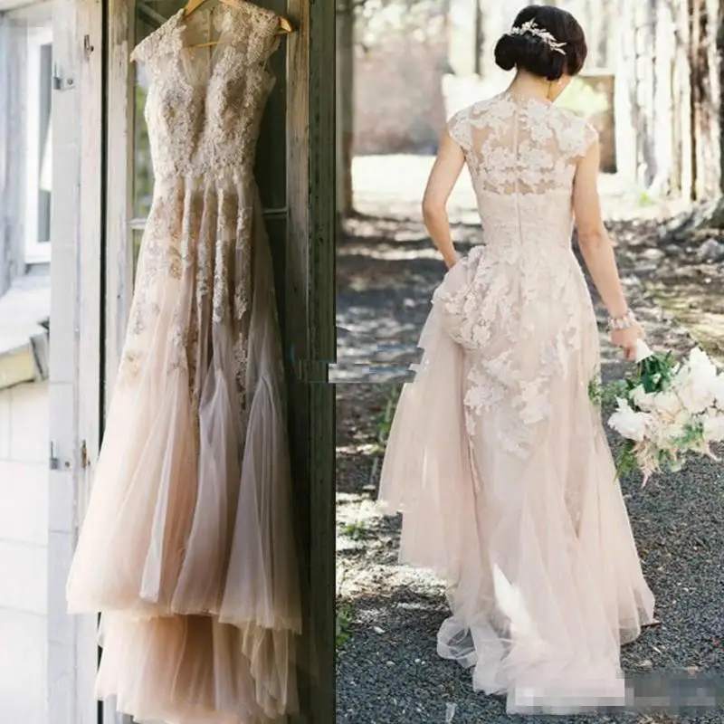 Blush Pink Boho Румяна Розовые Свадебные платья в стиле Country ; robe de Mariage Аппликация Кружевное Свадебное платье индивидуальный заказ в западном стиле Дизайнерская обувь; обувь под свадебное платье для невесты - Цвет: Blush Pink