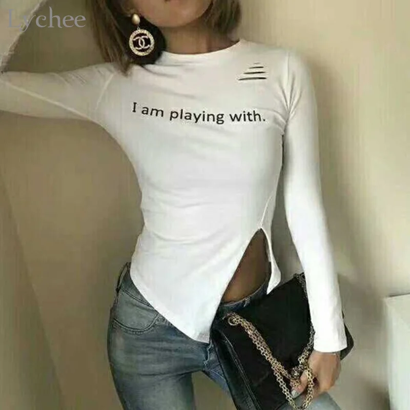 Lychee Sexy Women T Shirt Letter Print Hole Split Irregular Long Sleeve Slim T-shirt Spring Autumn Tee Top | Женская одежда