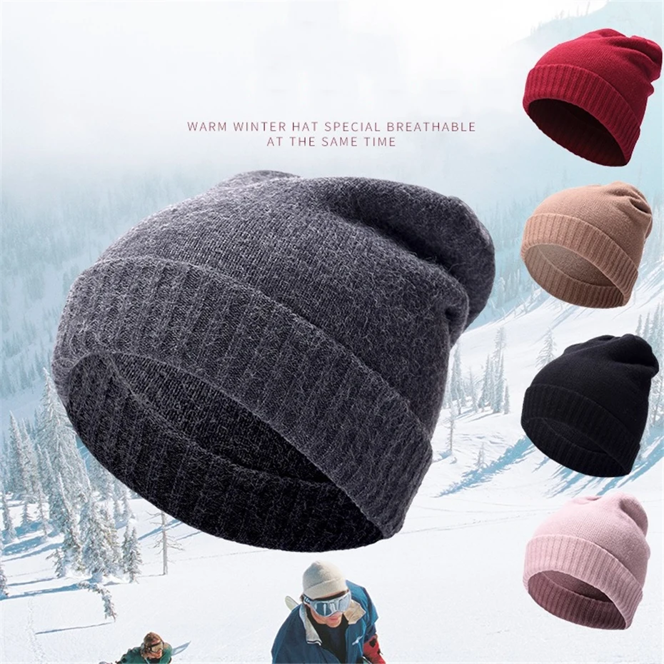Snow Ski Cap Beanies For Women Men Autumn &amp Winter Thick Warm Solid Color Dual-layer Knitted hat Outdoor Leisure Sports Caps | Спорт и