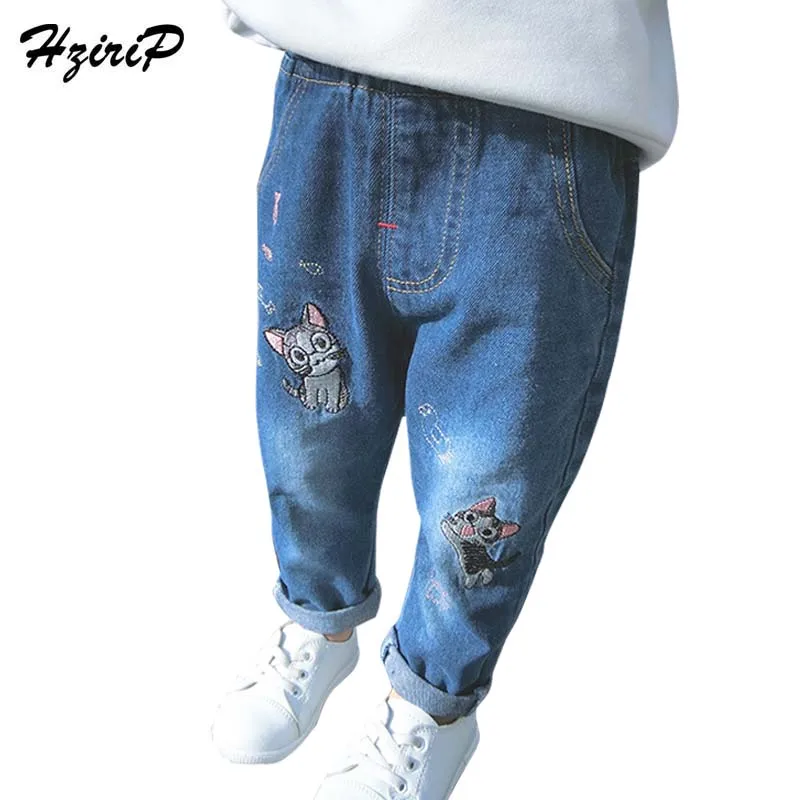 Hzirip Новинка 2017 года Демисезонный Модные джинсы для девочек длинные Брюки Кот