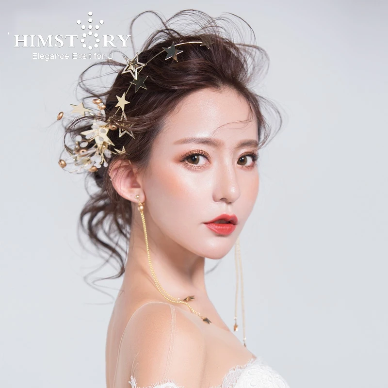 

Himstory Famous Baroque Brides Stars Hairpins Hairclips with Long Earring Gold Pearls Hairgrips Wedding Hair Accessories