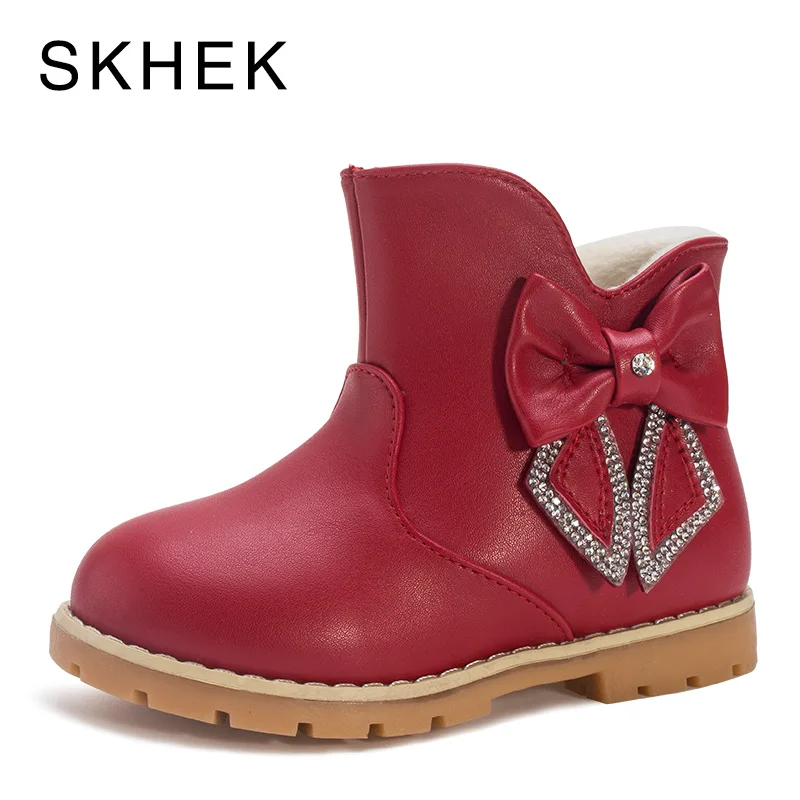 red SKHEK детские сапоги дождевая зимняя обувь для девочек детские зимние детская обувь для девочек для мальчиков кожаные Нескользящие теплые модные сапоги F3356 - Цвет: red