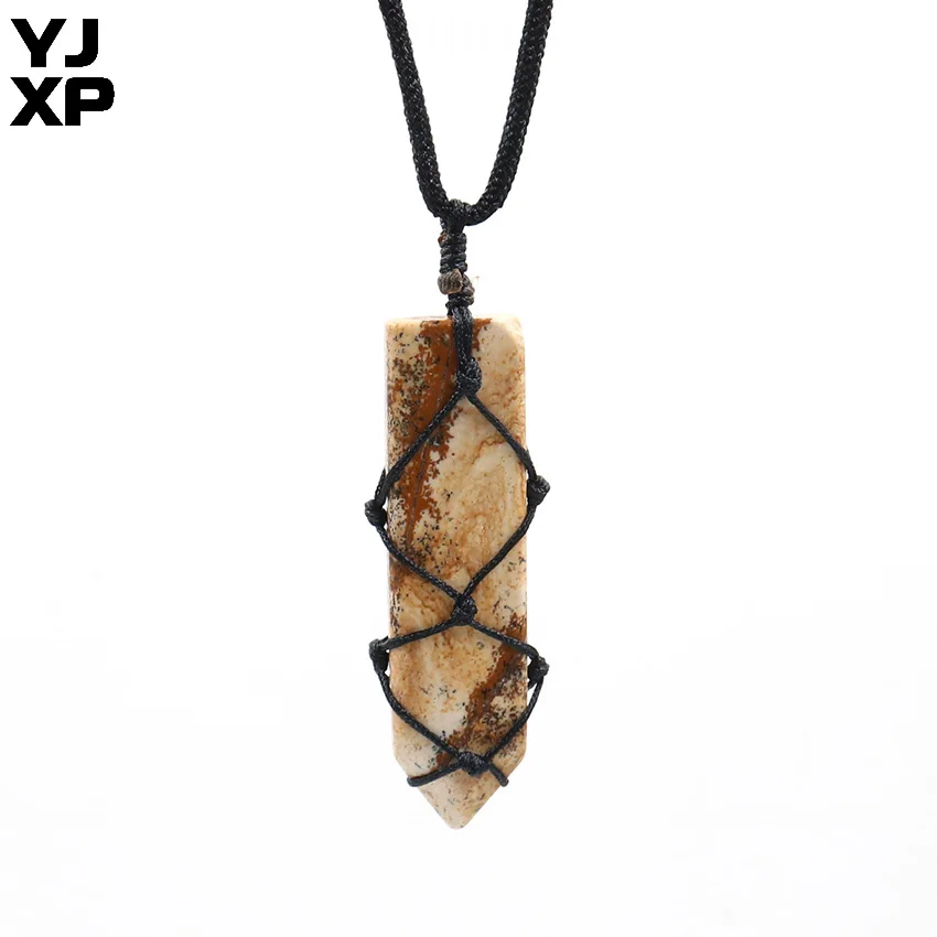Picture Stone YJXP черный пеньковый обернутый меч в форме подвески натуральный кристалл кварцовый камень Бохо макраме талисманы тревога рельеф ювелирные изделия - Окраска металла: Picture Stone