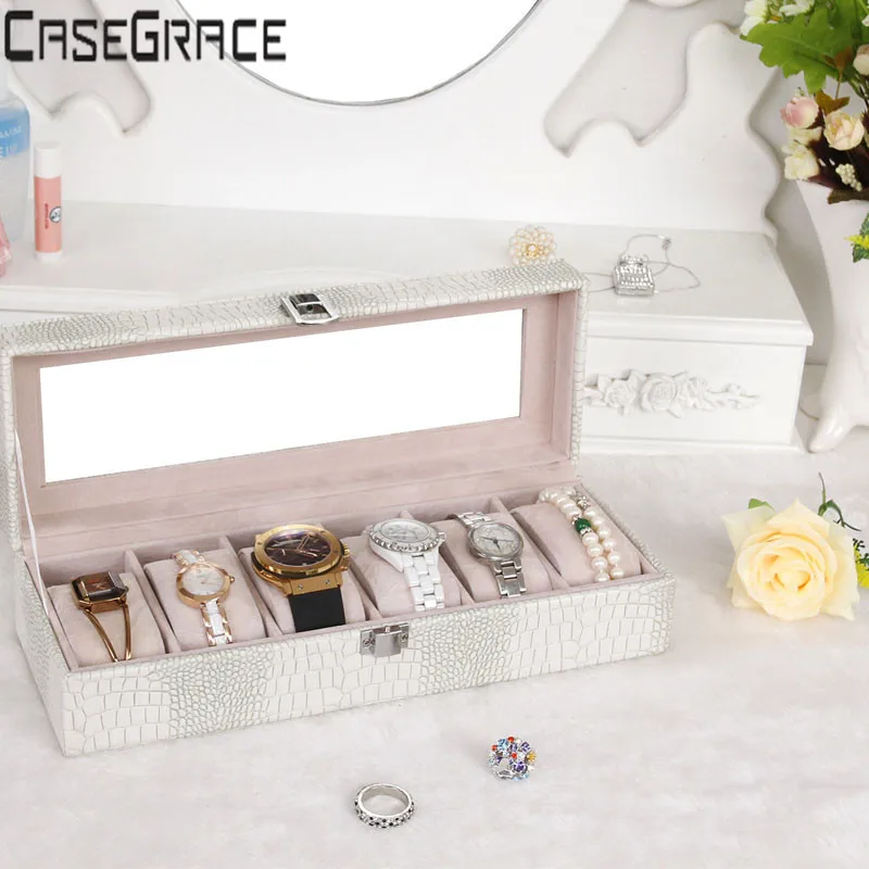 

2017 New Arrival Vintage Leather 6 grids Watch storage box organizer lock box container Jewelry Case Sweet Father Day Gift Box