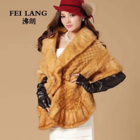 Роскошная зимняя женская шаль из натурального меха норки с оборками на подоле