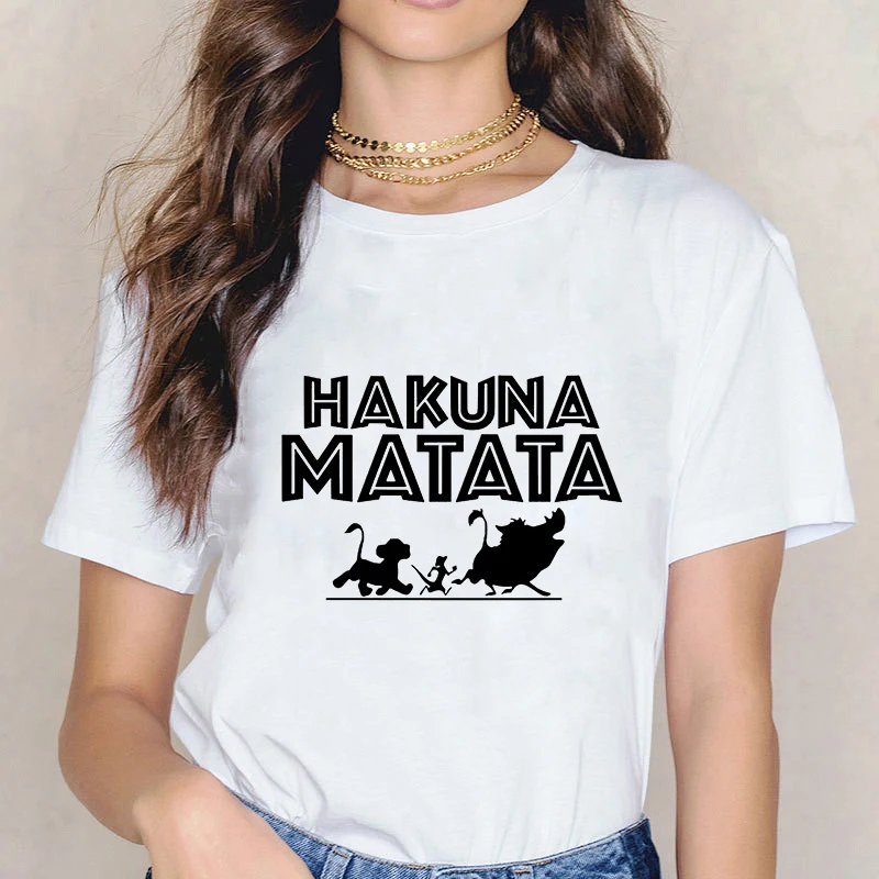 LUSLOS размера плюс футболка Hakuna Matata Король Лев футболка Женские футболки Повседневная белая черная уличная одежда Топ тройники футболка женска - Цвет: XWT0765