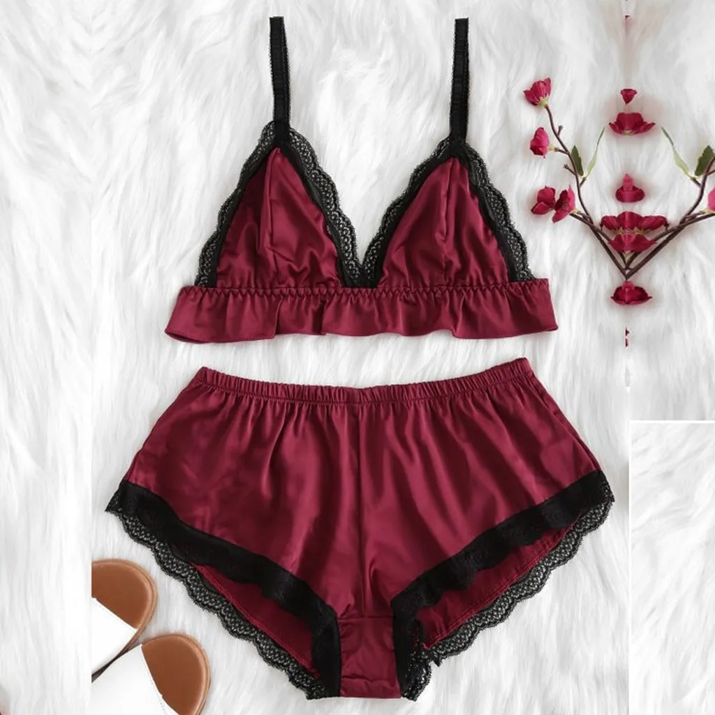 Комплект из 2 предметов Для женщин атласная Sous Vetement Femme пикантные ансамбль