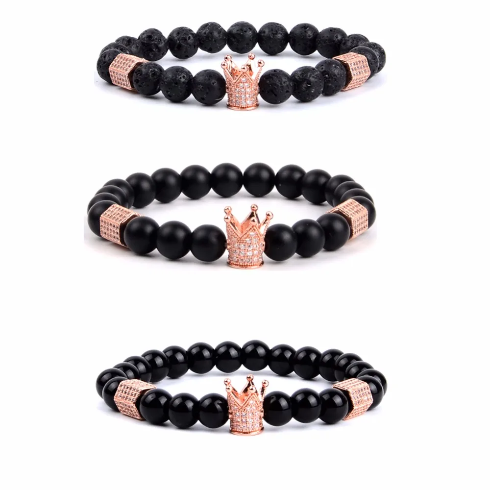 Женский и мужской браслет из розового золота очаровательный с короной черного