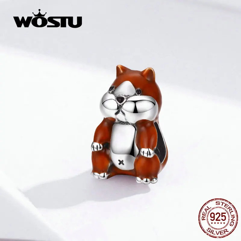 WOSTU хомяк, домашнее животное, бусы, 925 пробы, серебро, коричневый, эмаль, животное, шарм, подходит для оригинального браслета, ожерелье, серебро 925, ювелирное изделие CQC1167