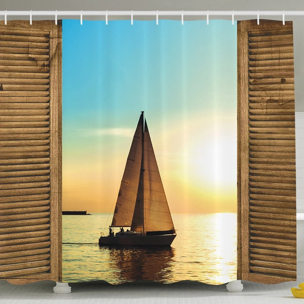 Nautical Shower Curtain Sea Life Decor Sailboat on the Ocean Scenic Sunset View from Rustic Wooden Frames Fabric Bathroom Set | Дом и сад
