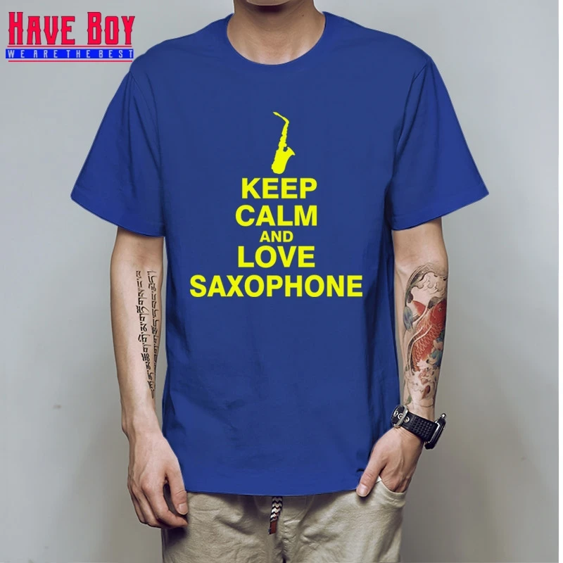 У мальчика Для мужчин футболка новые саксофон хлопок короткий рукав Keep Calm And Love