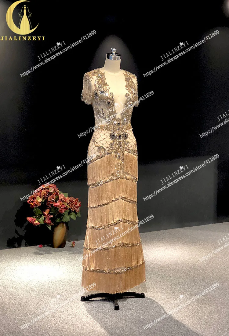 JIALINZEYI настоящий образец золотых хрустальных бусин шампанского с короткими рукавами Taseles длиной до щиколотки платье для вечерние платья