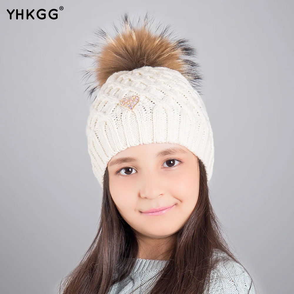 2018 МОЛОДАЯ девушка Pom Beanie Теплый трикотажный комбинезон Kids Fur Pompom Hat Дети Реальная