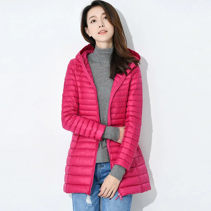 

Women Light Down Jacket Winter 90% Duck Down Jackets Women Slim Thin Long Sleeve Parka Coats Solid Color Long Overcoat FP0115