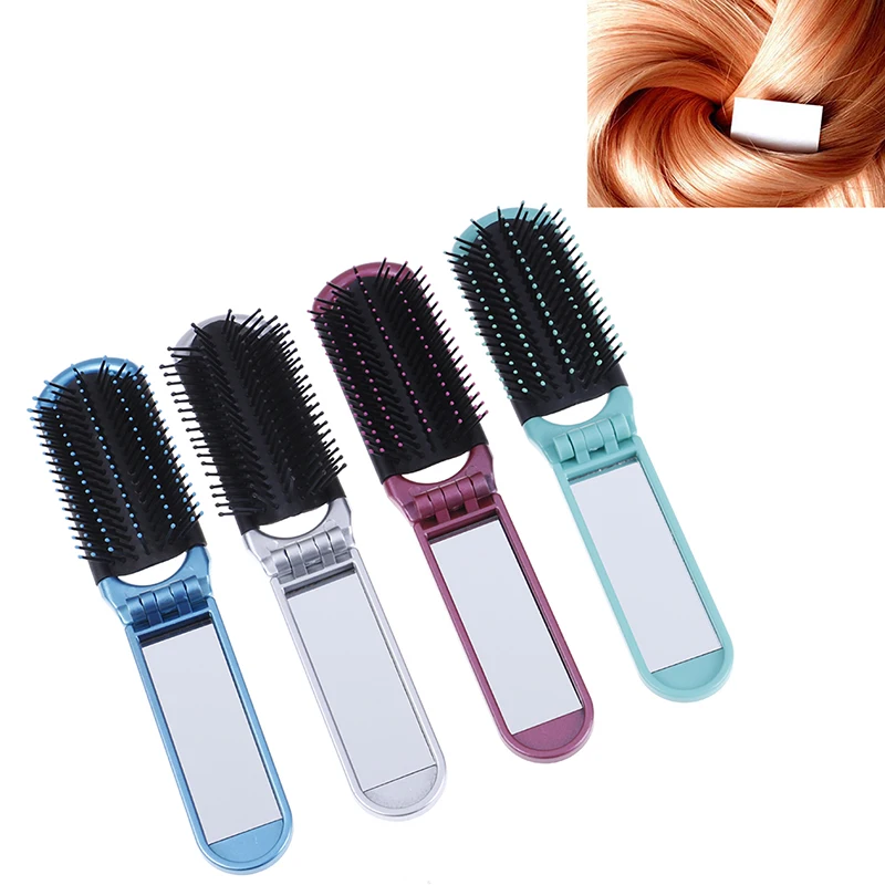 

Folding Hair Brush With Mirror Compact Pocket Size Travel Car Purse Bag Gift