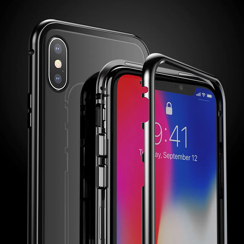 Магнитный адсорбционный чехол Baseus Magneto для iPhone X Металлический бампер+ закаленное стекло 9 H для iPhone X чехлы для телефонов