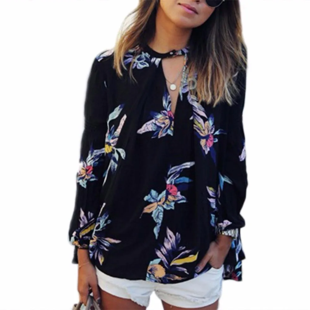 Для женщин колье воротник свободные Блузки для малышек с цветочным принтом