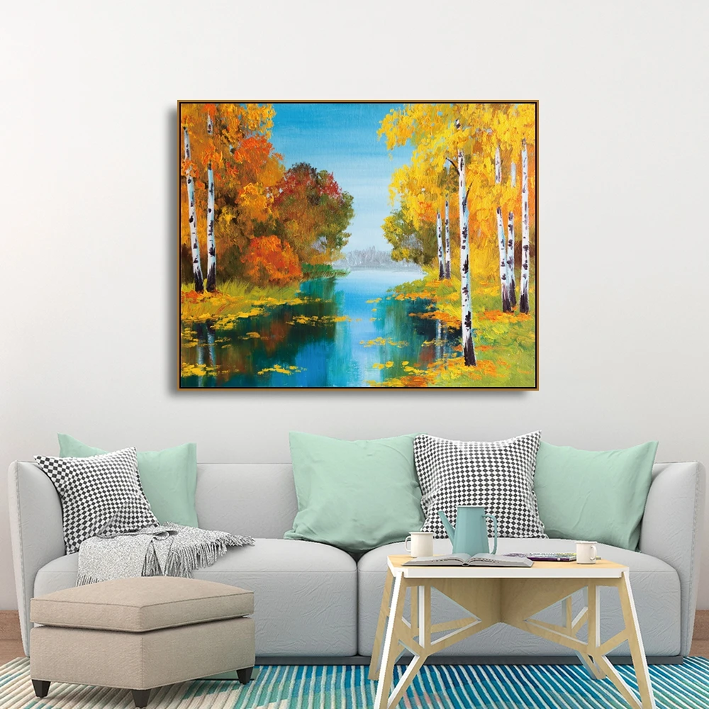 Laeacco Canvas Calligraphy Painting Birch Forest Near the River Posters and Prints Wall Artwork Pictures for Living Room Decor | Дом и сад