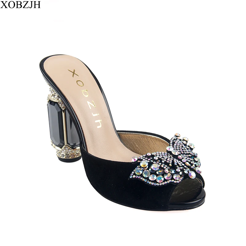 Женские кожаные сандалии на высоком каблуке с открытым носком стразы свадебные