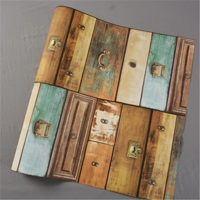

3d Vinyl Wallpaper PVC Vintage Cabinet Drawers Pattern Wallpaper Cafe Net Coffee Bar Wood Grain Interior Wall Covering Room Wall