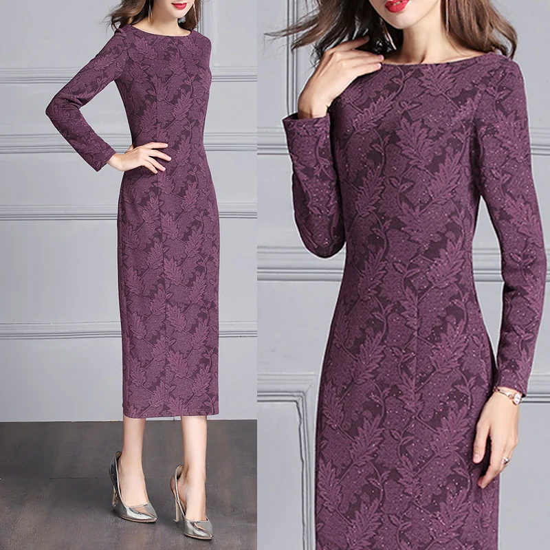 

Fall Spring Women Long Sleeve Glitter Purple Wine Red Jacquard Floral Elegant Long Dress , Autumn Woman Mum Slim 4xl Dresses