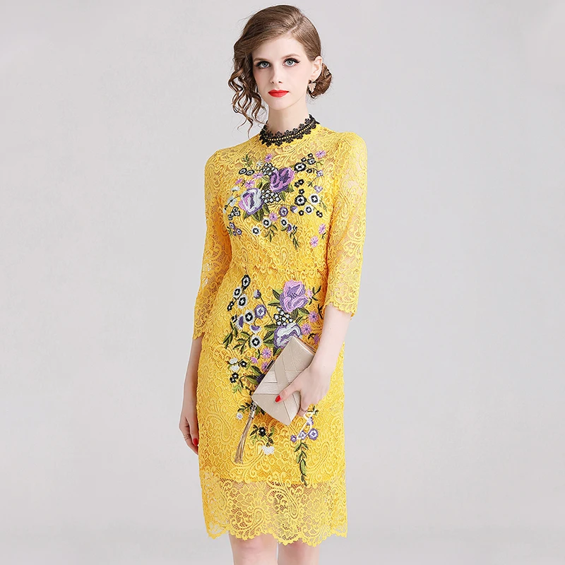 Женское кружевное платье футляр Trytree желтое Повседневное до колена с цветочной