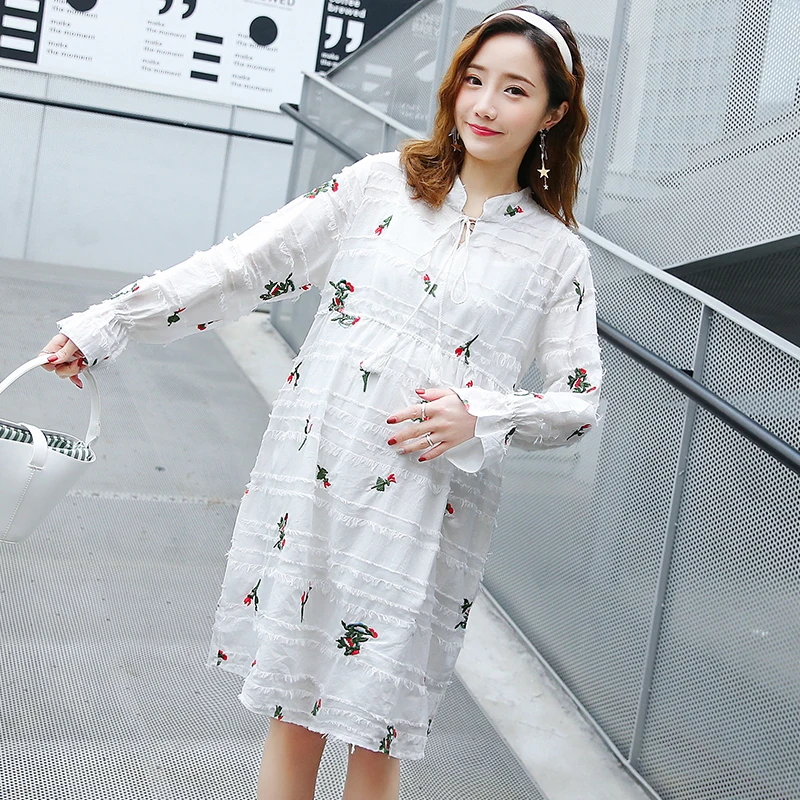 8075# Quality Embroidery White Linen Maternity Dress 2019 Spring Korean Fashion Clothes for Pregnant Women Pregnancy Clothing | Мать и