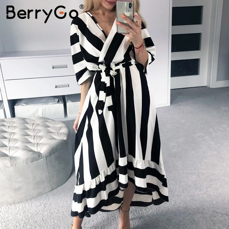 BerryGo элегантное женское длинное платье в полоску с коротким рукавом и рюшами
