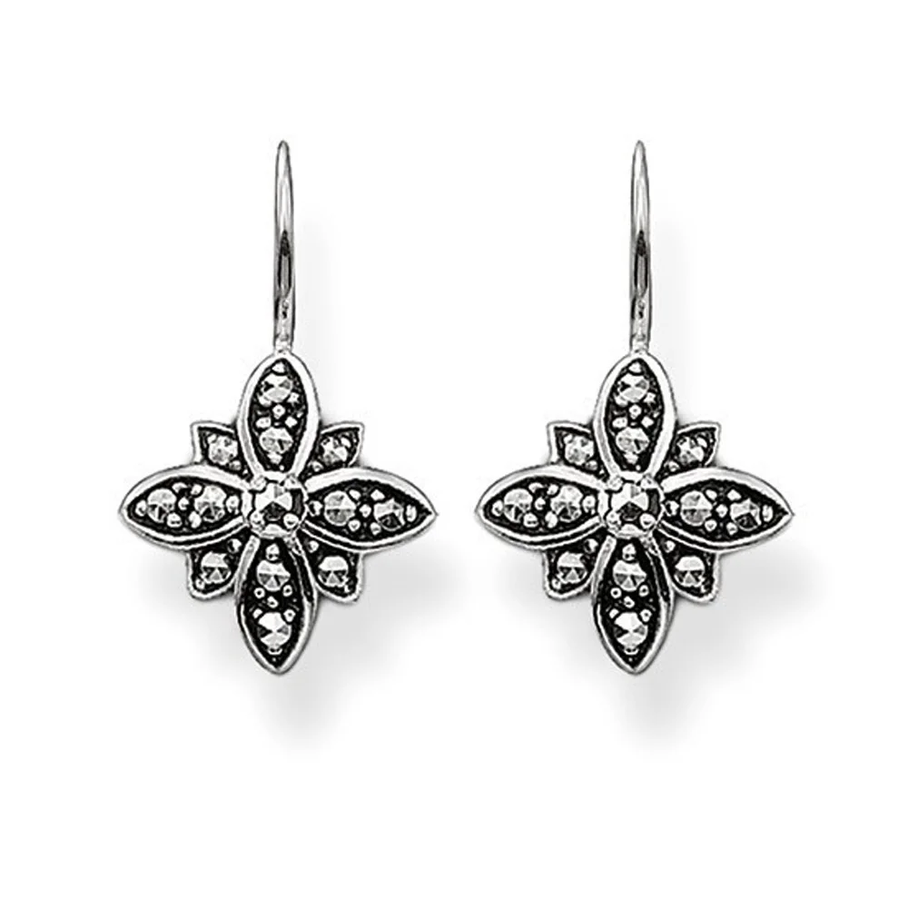 Серьги гвоздики Marcasite с цветком новинка весны 2019 Стерлинговое Серебро 925 пробы
