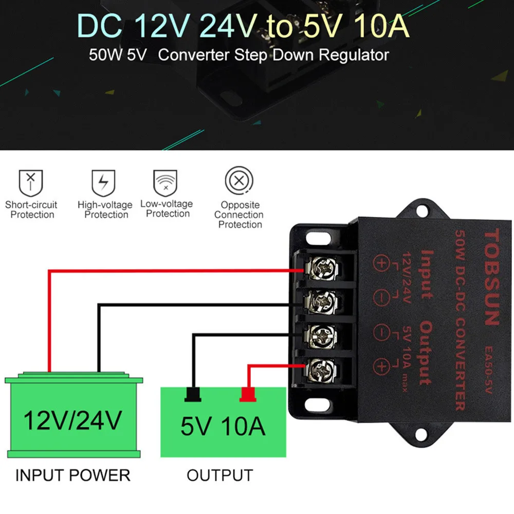 

DC 12V 24V to DC 5V 10A 50W Transformer Voltage Converter Regulator Reducer Step Down Buck Module Power Supply for LED Car Solar