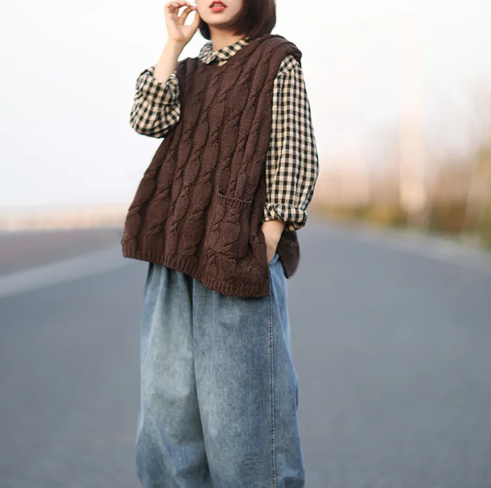 Spring vest Women Retro Large size Loose Pullovers Knitting Tops Hooded Button pocket Casual 2019 Ladies Mori girl | Женская одежда
