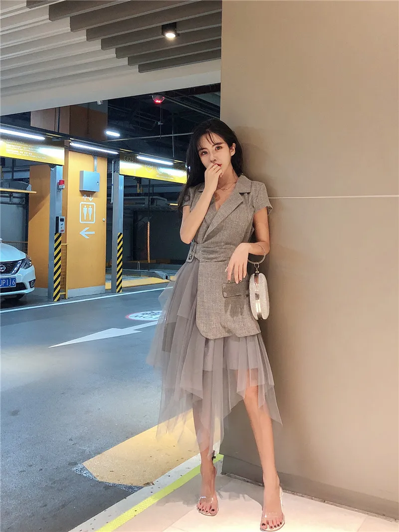 fashion women dresses gray sheer mesh patchwork notched collar Short sleeve a-line bohemian Midi dress