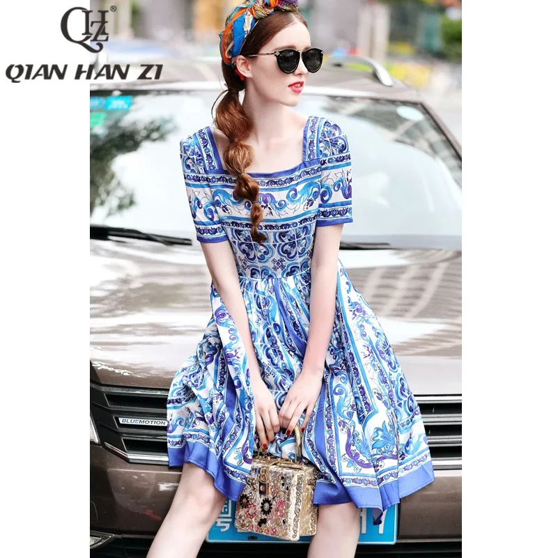 

Qian Han Zi 2020 Newest Designer fashion Summer dress Women's short sleeve blue and white porcelain Printed casual dress