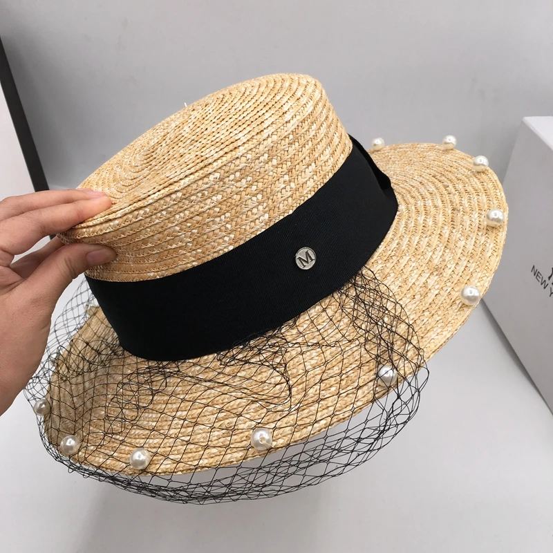 Spring summer new net yarn pearl beach sunscreen during large flat straw brim hat letters bonnet sun | Аксессуары для одежды