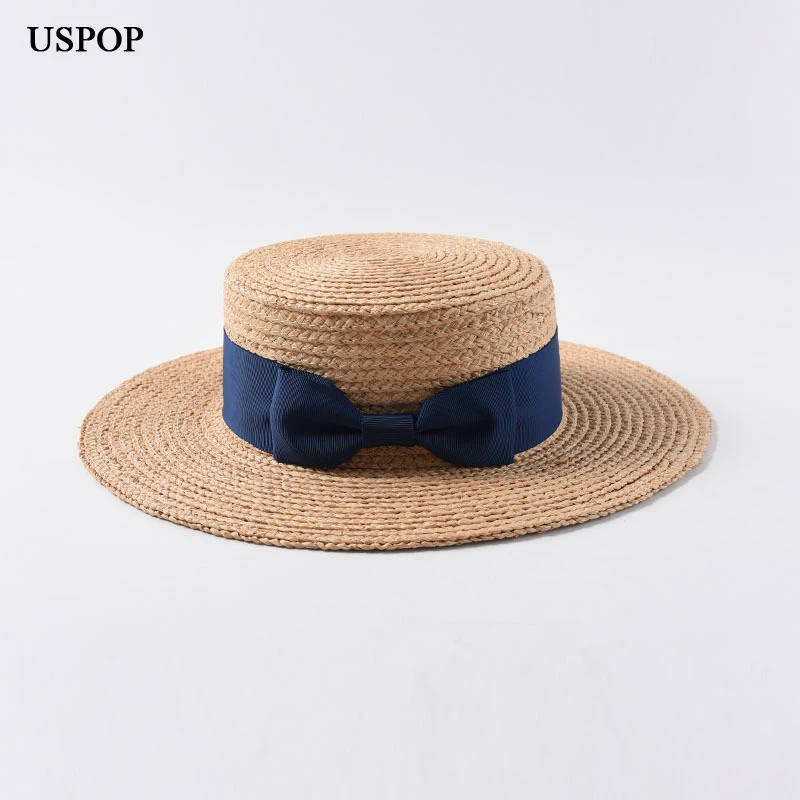 

USPOP New women raffia straw hat female natural straw sun hats casual bow-knot flat top hat summer wide brim beach hat