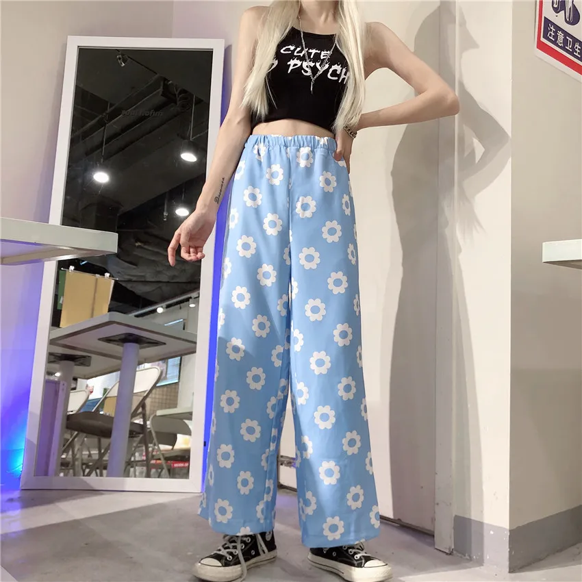 Оранжевый цвет: черный, синий с рисунком в виде ромашек и бандана Kawaii Boho строка Высокая талия карман свободного кроя в стиле «Лолита»; сезон лето брюки корейский брюки Харадзюку Для женщин Симпатичные