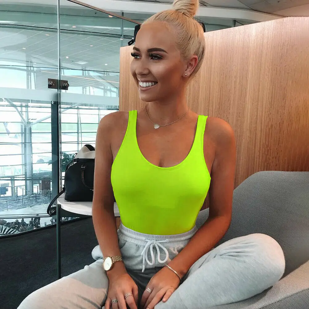Sexy Jogger Women Plain Halter Deep O Neck High Cut Split Silt Racer Muscle Back Bodysuit Leotard Top Stretch Sleeveless Jumper | Женская