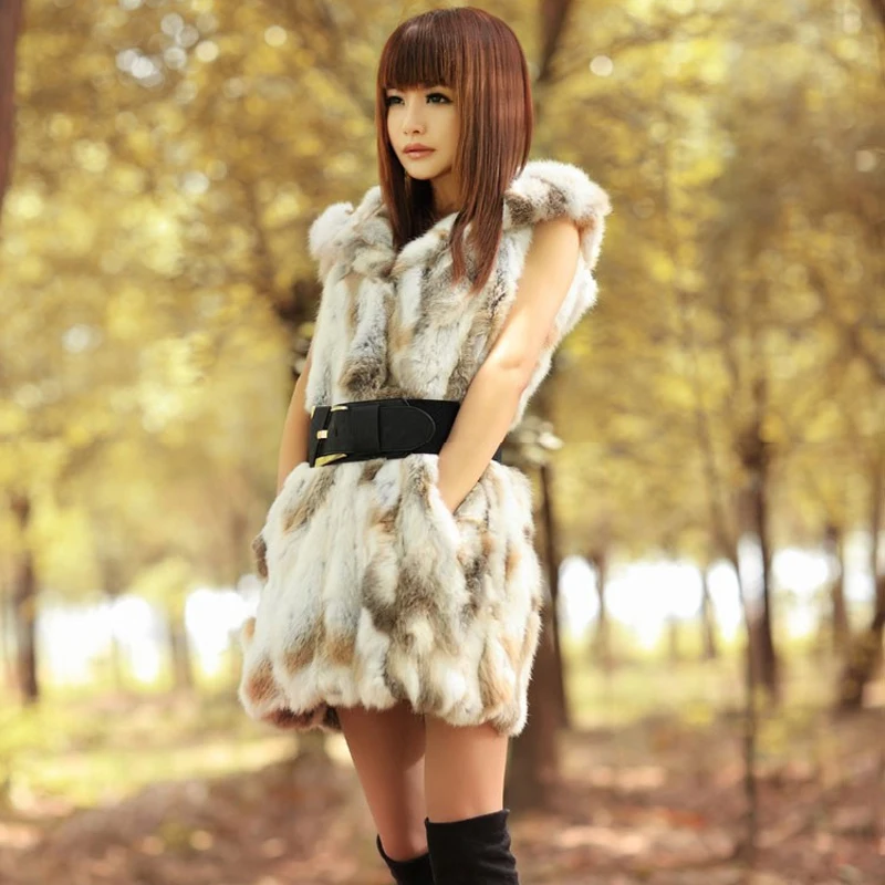 Lady Real Piece Rabbit Fur Vest Waistcoat Hooded Autumn Winter Women Outerwear Coats Female Gilet Plus Size 1024 | Женская одежда